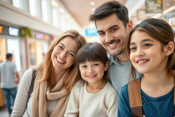 Obraz premium A cheerful family enjoys quality time together, laughing and exploring various stores in a lively mall atmosphere filled with excitement and discovery