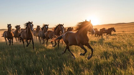 Obraz premium Majestic wild horses galloping across a vast sunset plain
