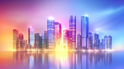 Obraz premium Vibrant city skyline with colorful reflections.