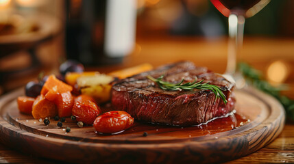 blood steak on the table. Red wine in a flute.
