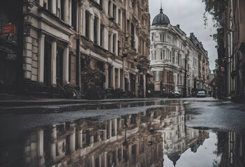 Obraz premium big city with gloomy atmosphere. rain and a small row