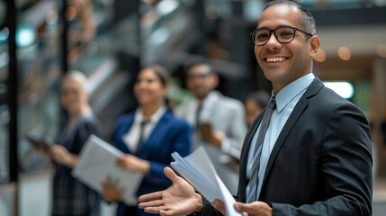 Smiling businessman in glasses and business suit surrounded by colleagues.