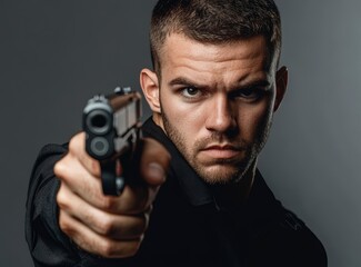 close-up of man aiming gun at the viewer