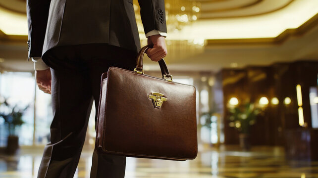 A businessman stands in a luxurious office lobby, holding a leather briefcase and wearing a designer suit, projecting confidence and professionalism.