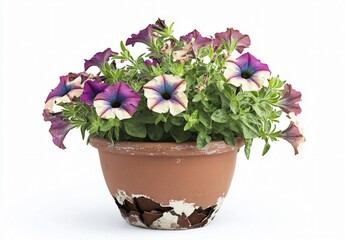 Vibrant Petunias in a Rustic Cracked Terracotta Pot