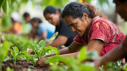 Community garden scene with diverse people engaged in planting and cultivation activities