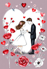 Elegant watercolor illustration with lovers and hearts for romantic wedding decorations
