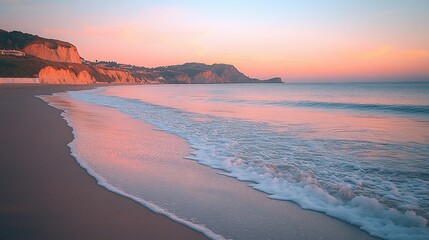 Fototapeta premium Peaceful Coastal Sunset Over Cliffs And Sandy Beach