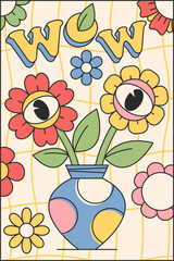 Fototapeta premium Wow groovy banner hippie design