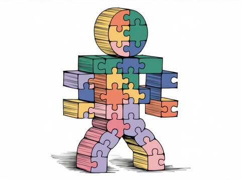 Un dibujo a l&aacute;piz de bloques de rompecabezas en varios colores que forman una forma humana
