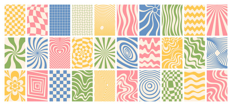 Fototapeta Abstract trendy retro groovy backgrounds set with checkered, wavy, swirly, floral, romantic patterns