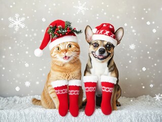 Adorable Cat and Dog in Santa Hats and Christmas Socks