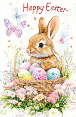 A cute bunny in a basket of eggs, flowers and butterflies around the text "Happy Easter" in watercolor style on a white background.