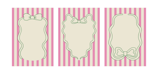 Set of posters with hand drawn quirky frames on striped backgrounds. Vector illustration of vintage wavy bows. Holiday greeting card templates in coquette aesthetic