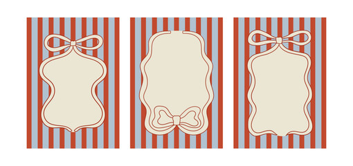 Set of posters with hand drawn quirky frames on striped backgrounds. Vector illustration of vintage wavy bows. Holiday greeting card templates in coquette aesthetic