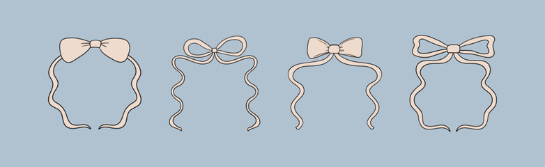Set of wavy and quirky abstract vintage bow frames. Vector hand drawn outline illustration of ribbon bowknots. Cliparts for valentine's day, birthday, wedding, christmas designs