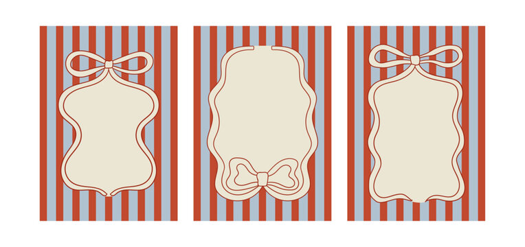 Set of posters with hand drawn quirky frames on striped backgrounds. Vector illustration of vintage wavy bows. Holiday greeting card templates in coquette aesthetic