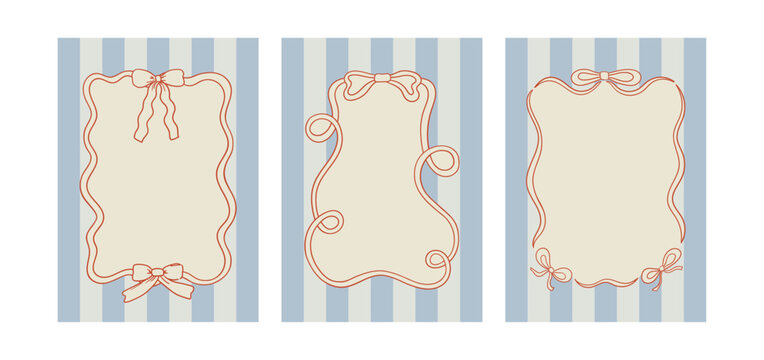 Set of posters with hand drawn quirky frames on striped backgrounds. Vector illustration of vintage bows. Holiday greeting card templates in coquette aesthetic