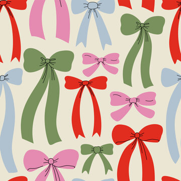 Seamless pattern with colorful various hand drawn bows. Vector flat background in retro coquette aesthetic