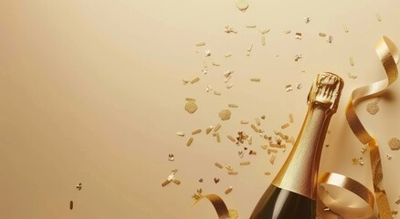 New Year's Eve celebration background featuring a champagne bottle, confetti, and ribbons on a beige-colored surface. Ideal for New Year's Eve party promotions, celebration invitations