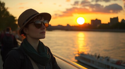 Fototapeta premium Sunset Silhouette: A Woman Contemplates the Golden Hour