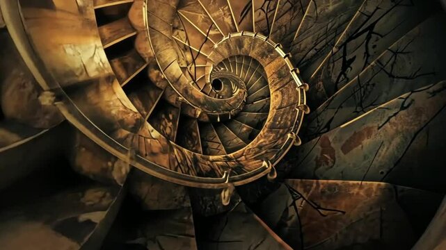 A mesmerizing spiral staircase twists downward, symbolizing infinity, mystery, and the flow of time.