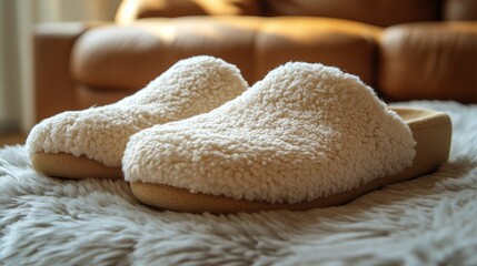 Cozy blue slippers resting on a soft rug with a warm blanket in the background