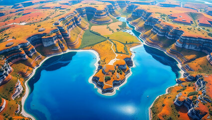 Stunning aerial view of colorful cliffs and crystal clear water at a vibrant reservoir during...