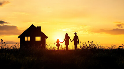 Naklejka premium Silhouette of Happy Family Holding Hands at Sunset with House on Countryside Field Under Golden Sky
