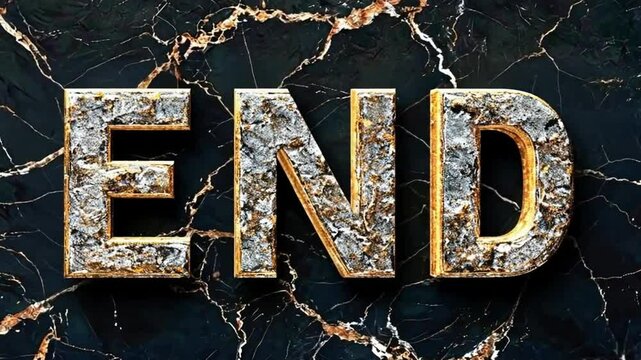 A close-up of the word "END" is shown, made in a texture resembling marble with golden veins.