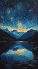 Gardinen Majestic mountain landscape at twilight with starry sky and calm lake reflections © ArtCookStudio