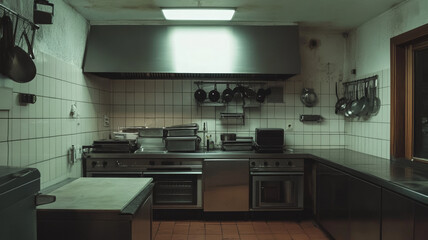 Industrial kitchen interior with stainless steel appliances, tiled walls, overhead lighting, and organized workspace design.