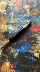 Colorful paint palette with a fountain pen resting on the vibrant textures