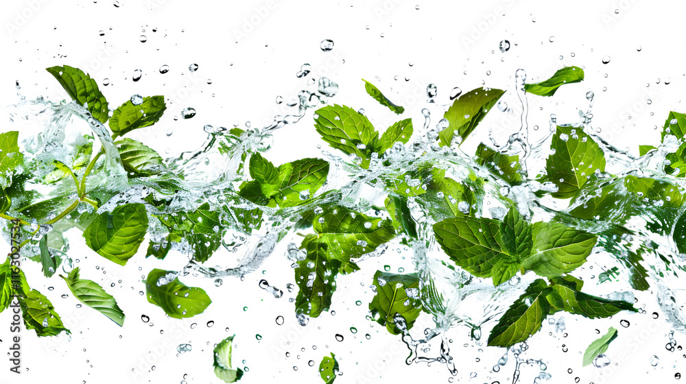 Wall mural Fresh green mint leaves splashing dynamically with water, isolated on white background 