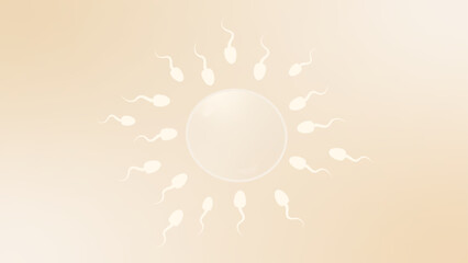 Illustration of multiple sperm cells swimming toward a central egg cell on a light beige background, symbolizing fertilization