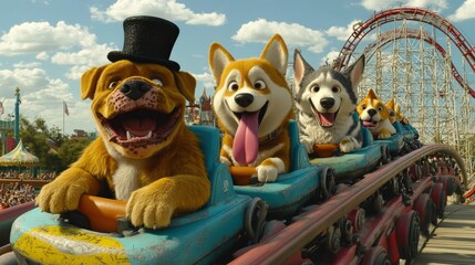 Animated Dogs Enjoying Roller Coaster Ride at Amusement Park with Blue Sky Background, Featuring Corgi, Husky, Bulldog, Playful Fun, Adventure, and Joy