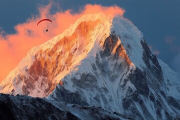 Majestic sunset over mountains and ocean with misty clouds in the foreground