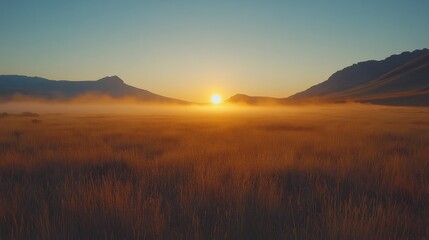 Obraz premium Stunning sunrise over a lush valley with mountains in the background and mist rising from the ground