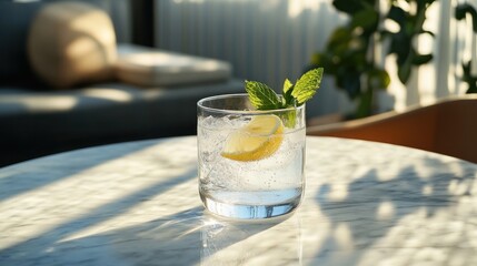 Refreshing Lemon Mint Drink on Marble Table in Sunny Outdoor Setting