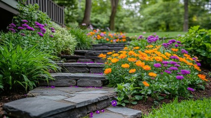 Obraz premium Colorful flower garden pathway with wooden bench surrounded by vibrant blooms and greenery