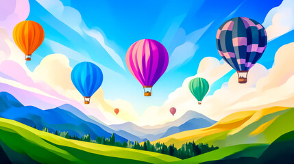 Naklejka premium Colorful hot air balloons floating over a green valley