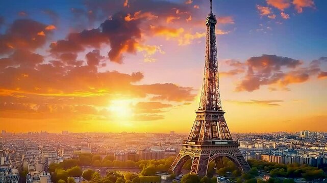 the Eiffel Tower  at sunset, with  the sun  setting behind it and  the city  below it.