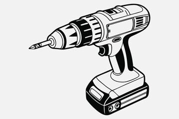 A black and white illustration of a cordless power drill.