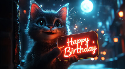 Whimsical digital art of a cute cat holding a neon 'Happy Birthday' sign, ideal for birthday invitations, decorations, posters, and wall art.