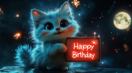 Adorable fluffy kitten celebrating with a 'Happy Birthday' sign amidst colorful fireworks, perfect for birthday cards, wall art, or festive decorations.