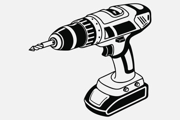 A black and white illustration of a cordless power drill.