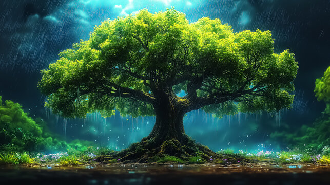A majestic, vibrant tree stands in a mystical landscape, perfect for wall art, posters, or backgrounds, evoking tranquility and appreciation for nature.