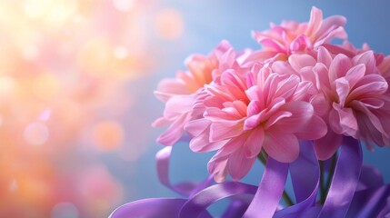 Fototapeta premium Pink Dahlias with Purple Ribbon Against Soft Background