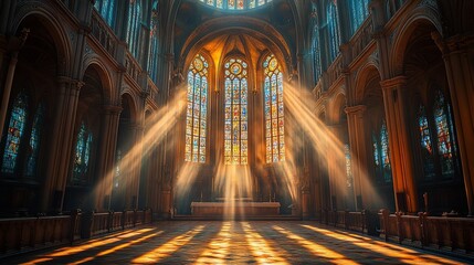 Obraz premium Sunbeams Illuminate Gothic Cathedral Interior With Stained Glass