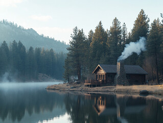 Rustic cabin with stone chimney by a tranquil forest lake in early morning mist